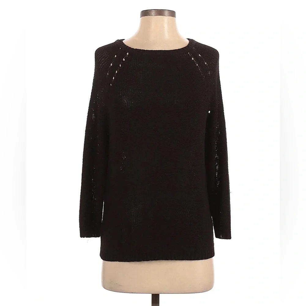 H&M Open Knit Black Sweater Lightweight Crewneck Pullover Medium
